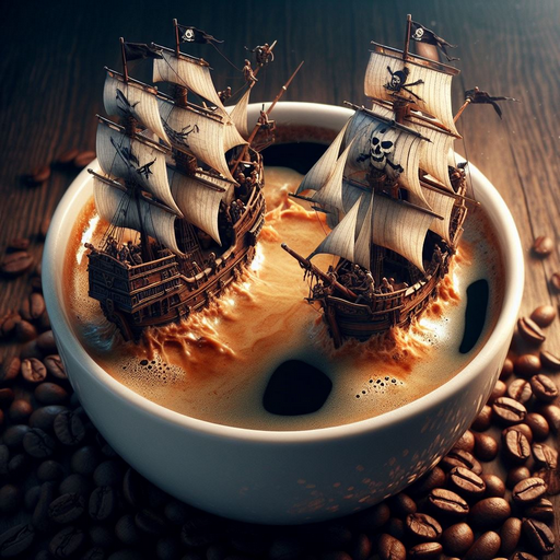 Photorealistic closeup video of two pirate ships battling each other as they sail inside a cup of coffee.